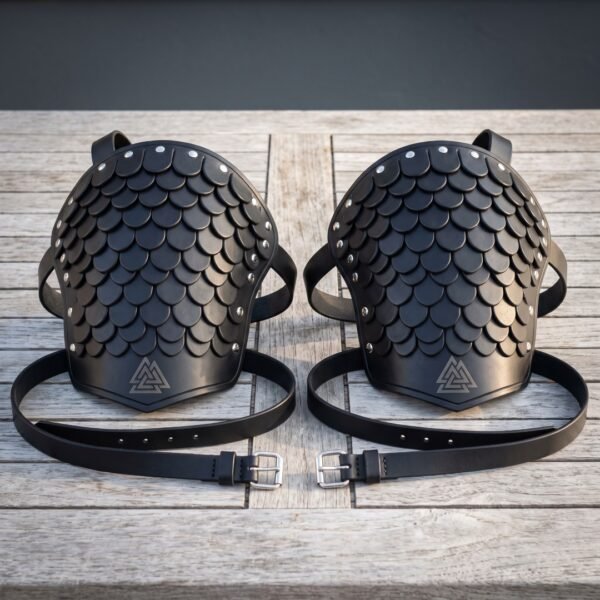 Nightscale Hand Made Black Leather Scale Pauldrons with Riveted Overlapping Scales & Valknut Panel | Norse Reenactment Gift | RK-1535