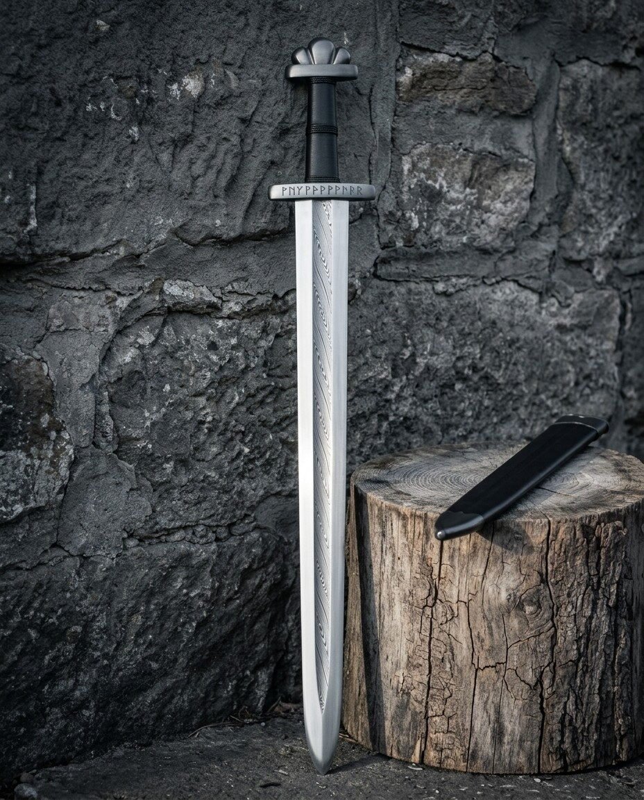 Gemini_Generated_Image_ehtuw9ehtuw9ehtu Hand forged pattern welded viking sword with a trilobate pommel and rune cut guard standing point down against a dark stone wall beside its black scabbard