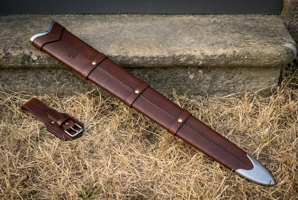Gemini_Generated_Image_ehxex9ehxex9ehxe Hand made brown leather sword scabbard with a stamped Valknut, steel throat and chape and a separate belt frog lying on dry grass beside a stone step