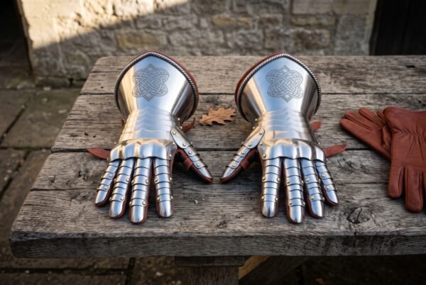 Pair of polished steel plate gauntlets with articulated finger lames and knotwork etched bell cuffs on a weathered wooden table beside brown leather gloves