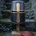 Duskwarden Hand Forged Blackened Steel Great Helm Crusader Helmet | 16 Gauge Flat Top | Brass Rune Cross Vision Slits and Drilled Breaths | Knight Display Gift | RK-1502