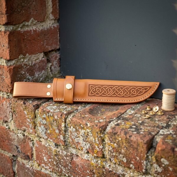 Tan vegetable tanned leather viking knife sheath tooled with a Celtic knotwork panel and set with brass rivets, resting on a weathered red brick wall