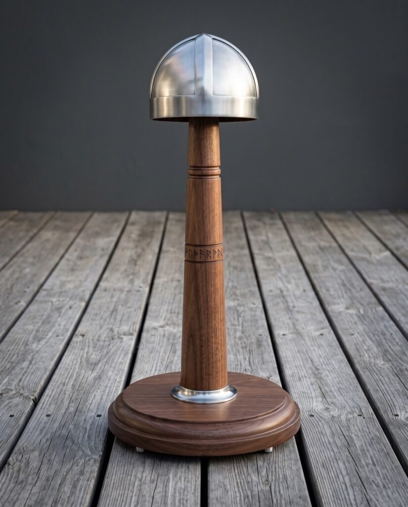Four panel viking helmet in brushed steel displayed on a turned walnut stand carved with Elder Futhark runes, standing on grey timber decking
