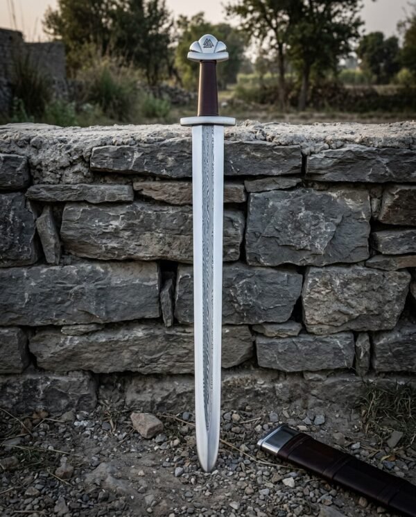 Hand forged damascus viking sword with a serpentine pattern welded core and Valknut inlaid lobed pommel standing point down against a dry stone wall at dusk