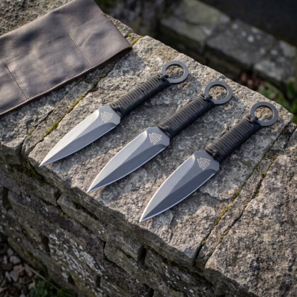 Stormknot Hand Forged 1095 Throwing Knife Set | Three 11 Inch Satin Blades with Etched Valknut | Paracord Grips and Leather Roll | Norse Target Gift | RK-1599