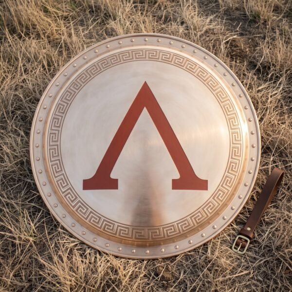 Crimsonward Hand Made Steel Faced Greek Hoplon Shield | 30 Inch Spartan Aspis | Bronze Meander Rim and Painted Crimson Lambda | Hoplite Display Gift | RK-1503