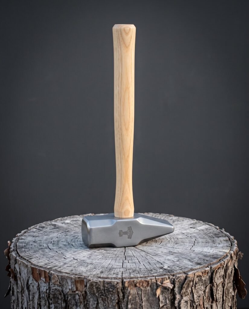 Hand forged 1095 steel cross pein forging hammer with an engraved Mjolnir on the cheek and a straight ash handle standing on an oak stump