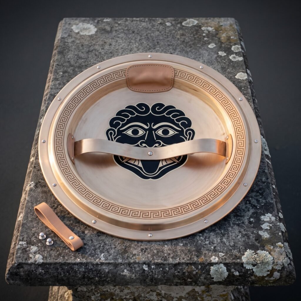 Interior of a bronze hoplon shield showing the porpax arm band, leather grip and a painted Gorgon face inside the bowl, resting on a stone plinth