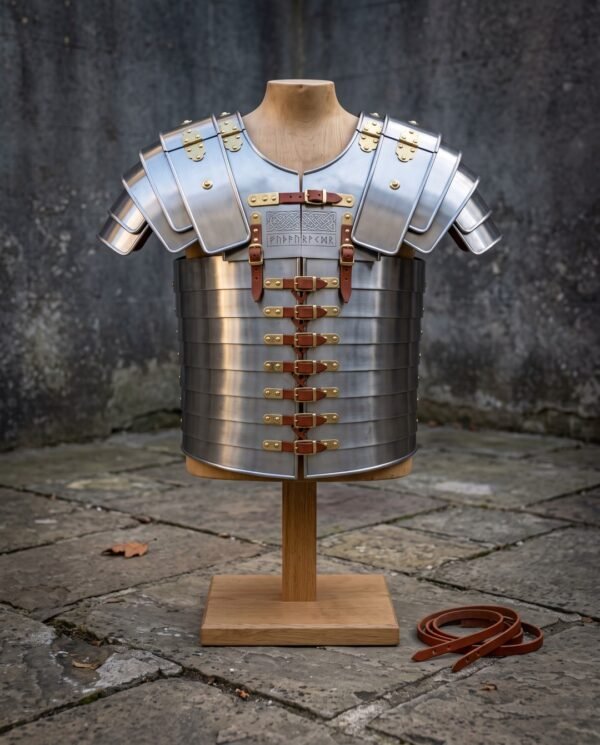 Hand forged steel lorica segmentata cuirass with articulated shoulder guards and brass buckles, displayed on a wooden stand against a weathered stone wall in daylight.