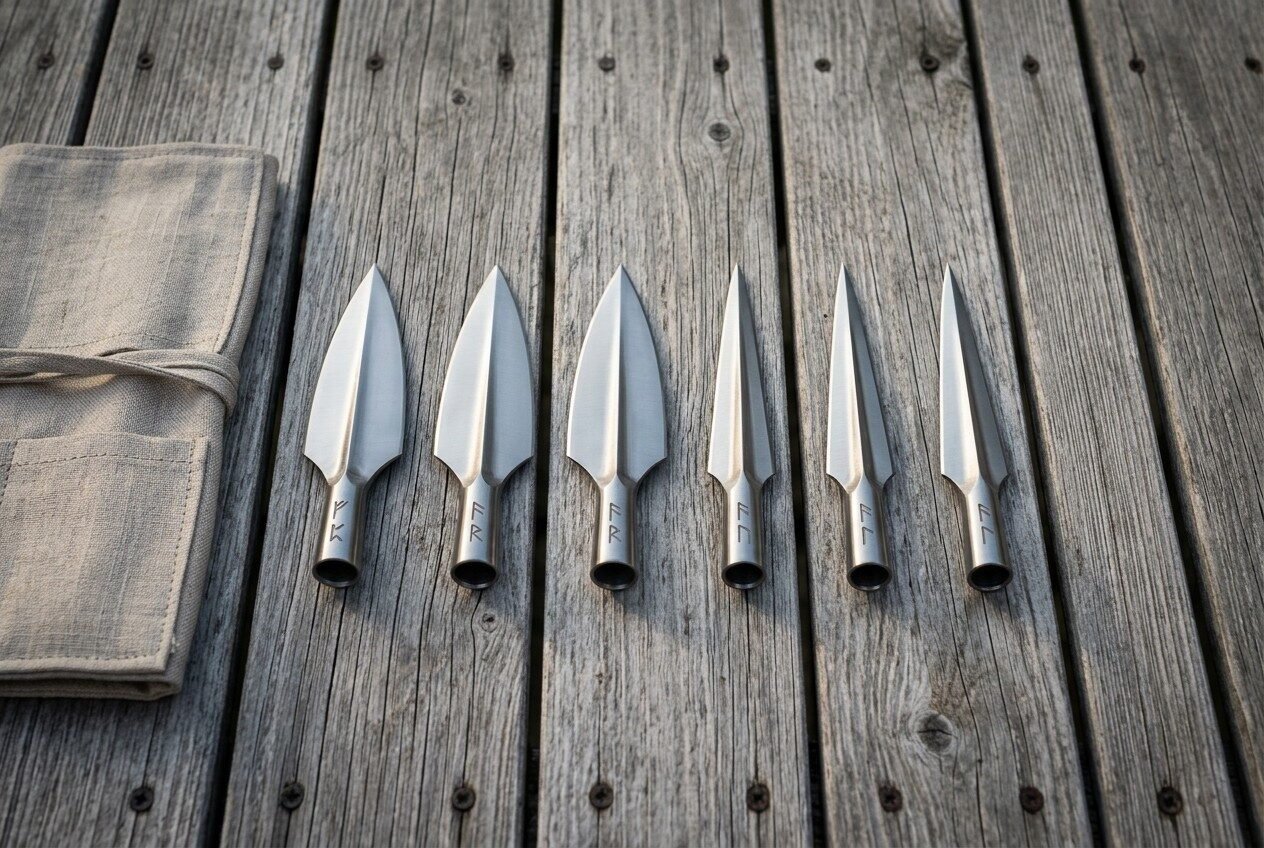 Gemini_Generated_Image_hsn6qghsn6qghsn6 Six hand forged viking spearhead blades in graduated sizes with socketed collars and rune marks laid out on weathered grey decking beside a rolled canvas tool roll