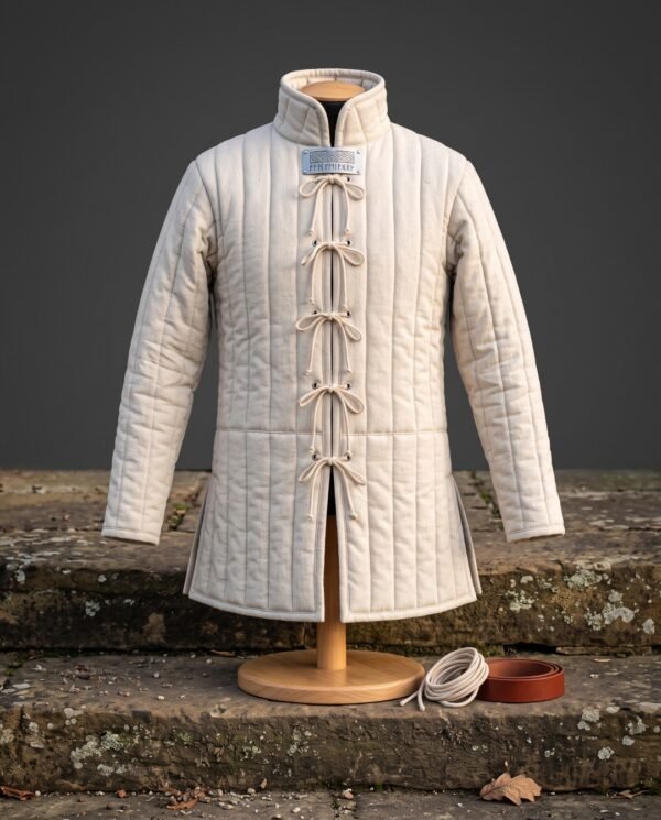 Hand made linen gambeson in natural undyed cloth with vertical channel quilting, tall standing collar and cord loop lacing displayed on a wooden dress stand