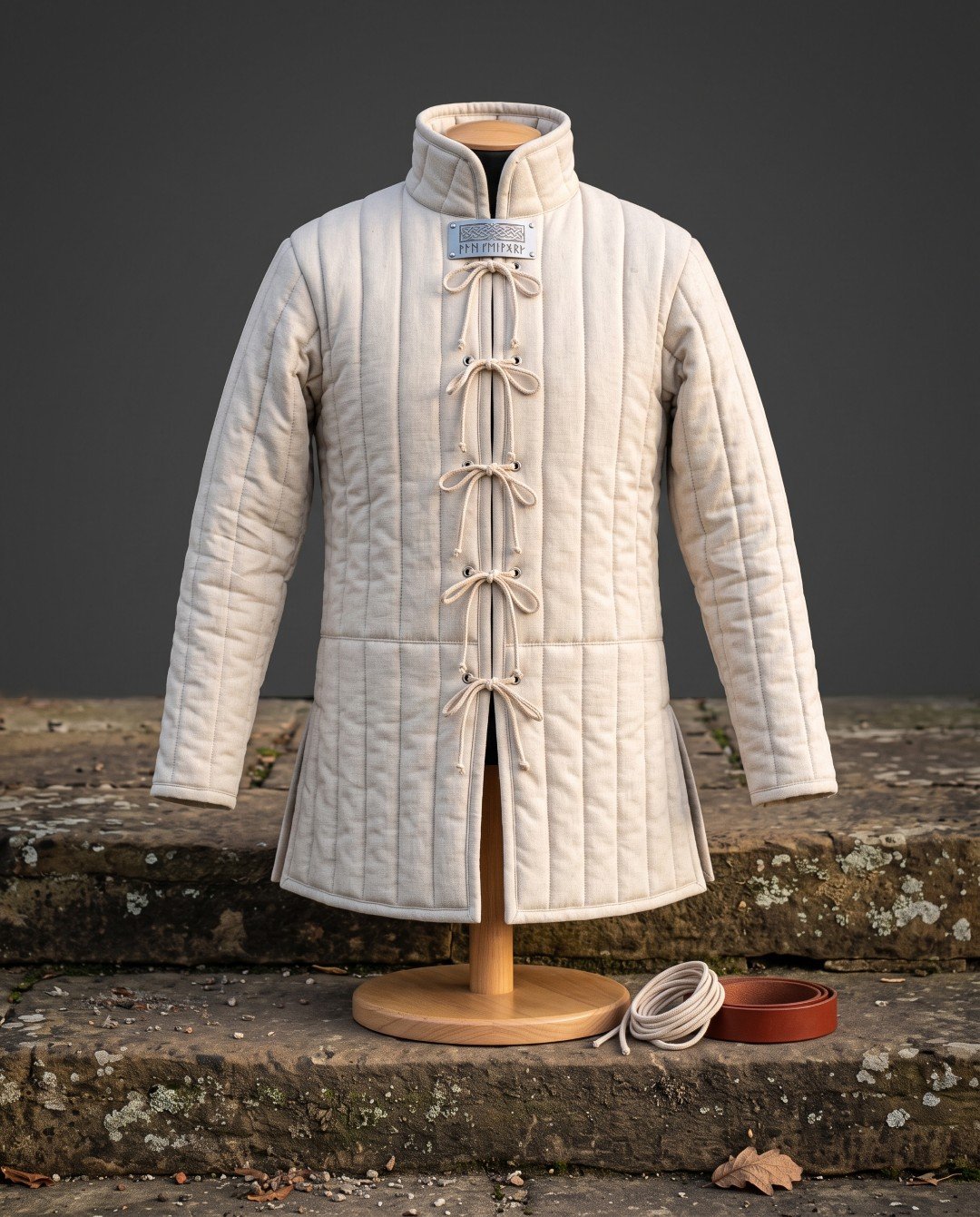 Gemini_Generated_Image_hyqgvkhyqgvkhyqg Hand made linen gambeson in natural undyed cloth with vertical channel quilting, tall standing collar and cord loop lacing displayed on a wooden dress stand