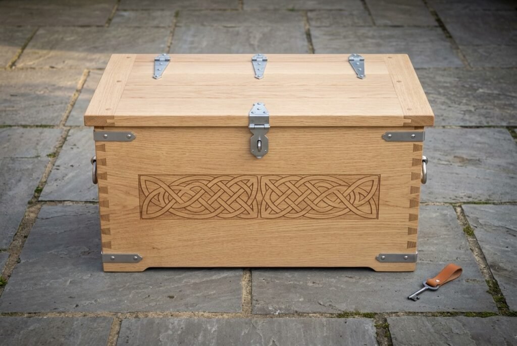 Hand made oak viking storage chest with carved Norse knotwork panels, dovetailed corners, steel strap hinges and a hasp lock standing on a flagstone courtyard