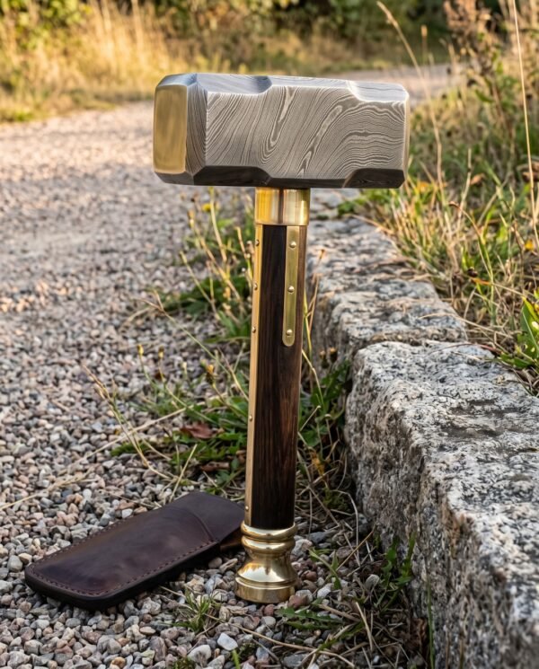 Thunderclad Hand Forged Damascus Viking War Hammer | Flat Faced Damascus Head | Rosewood Haft with Brass Bolsters and Turned Brass Pommel | Norse Gift | RK-1633