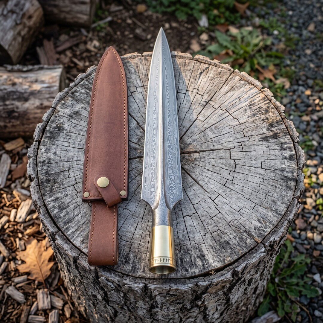 Gemini_Generated_Image_iiqiqyiiqiqyiiqi Hand forged damascus spearhead with a brass socket collar and leaf shaped blade beside a brown leather sheath on a weathered tree stump in woodland.