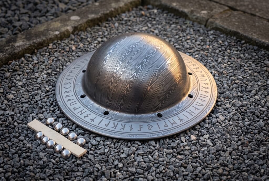 Hand forged steel shield boss with a pattern etched dome and Elder Futhark runes cut around the drilled flange, laid on grey gravel beside six dome rivets.