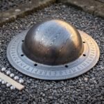 Hand forged steel shield boss with a pattern etched dome and Elder Futhark runes cut around the drilled flange, laid on grey gravel beside six dome rivets.