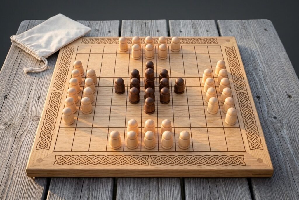 Hand made hnefatafl set on a solid oak board with a burned Celtic knotwork border, twenty four pale attackers, twelve dark defenders and a king beside a canvas pouch