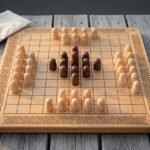 Hand made hnefatafl set on a solid oak board with a burned Celtic knotwork border, twenty four pale attackers, twelve dark defenders and a king beside a canvas pouch