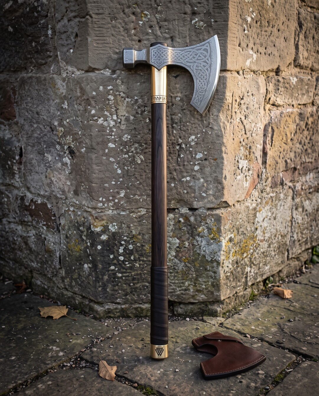 Gemini_Generated_Image_iy9fb2iy9fb2iy9f Hand forged Viking bearded axe with etched knotwork head, engraved brass collar and leather wrapped haft leaning against a lichen covered sandstone wall