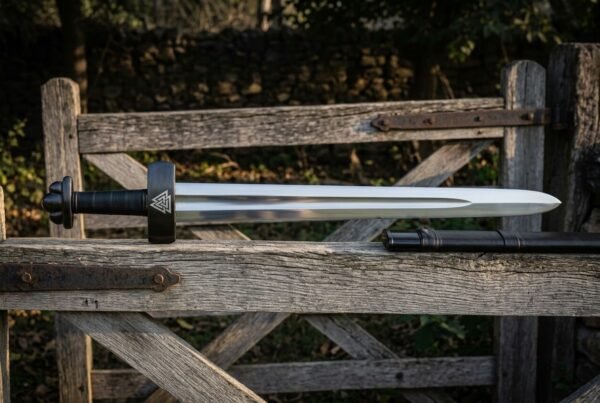 Valkbrand Hand Forged 1095 Steel Viking Sword with Valknut Engraved Guard | 37 Inch Overall | Blackened Fittings and Leather Wrapped Grip | Norse Reenactment Gift | RK-1753