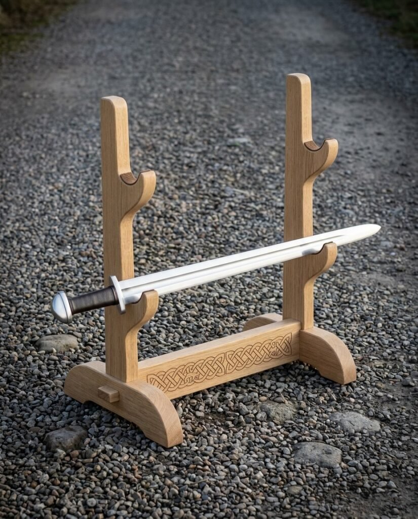 Hand made oak sword display stand with three tiers of cradles and a knotwork engraved crossbar, holding a single polished sword, standing on a gravel path.