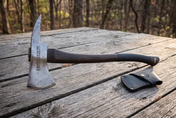 Hand forged Damascus tomahawk with a bearded head, upswept horn and Elder Futhark runes on a dark walnut haft resting on a weathered picnic table in woodland