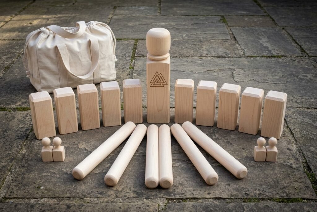 Hand made kubb set in pale maple laid out on stone paving with a Valknut engraved king, ten kubb blocks, six throwing batons and a canvas carry bag