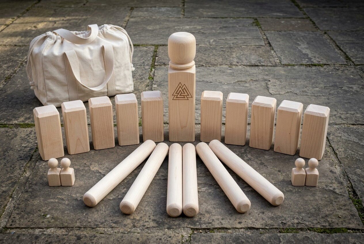 Gemini_Generated_Image_jchu9pjchu9pjchu Hand made kubb set in pale maple laid out on stone paving with a Valknut engraved king, ten kubb blocks, six throwing batons and a canvas carry bag