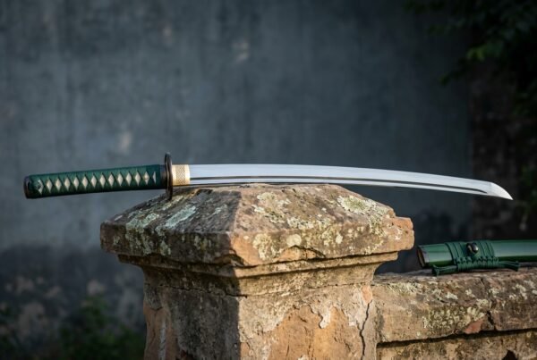 Jadecord Hand Forged 1095 Carbon Steel Katana Sword with Green Ito Wrap | 40 Inch Overall in Saya | Iron Tsuba and Matching Green Lacquered Scabbard | Collector Gift | RK-1697