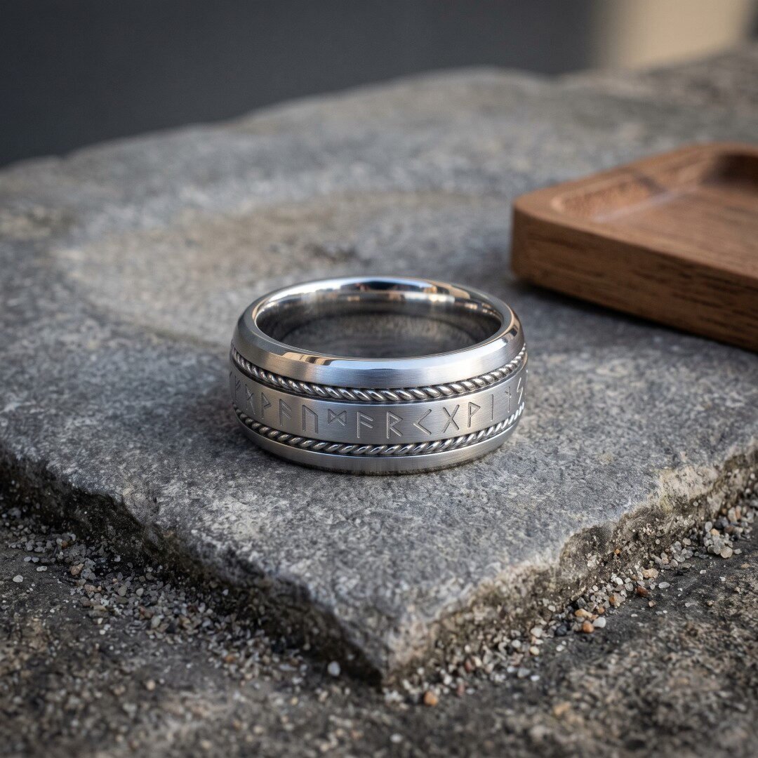 Gemini_Generated_Image_jxmqtfjxmqtfjxmq Wide silver tone Norse rune ring with an Elder Futhark centre band flanked by twisted rope borders standing on a grey stone slab beside a shallow wooden tray