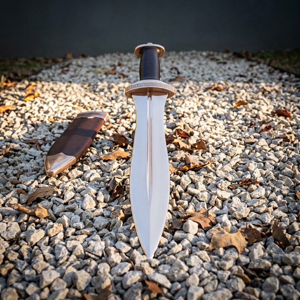 Gemini_Generated_Image_k0nvfok0nvfok0nv Hand forged roman pugio dagger with polished waisted midrib blade, engraved bronze guard and dark grip standing point down in pale gravel beside its leather sheath