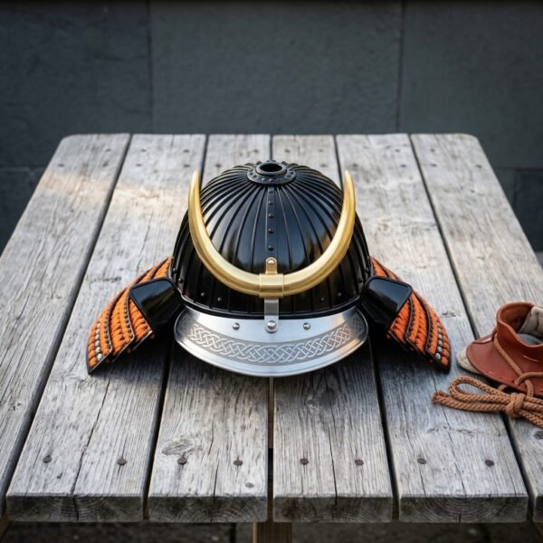 Hand forged samurai helmet with a ribbed black lacquered bowl, brass crescent crest and orange laced neck guard resting on grey weathered decking boards outdoors.