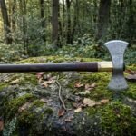 Hand forged double bit axe in 1095 steel with an etched knotwork head, brass collar and long dark hardwood haft, resting on a mossy boulder in woodland