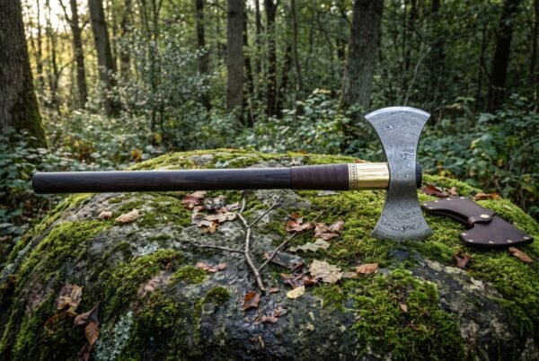 Hand forged double bit axe in 1095 steel with an etched knotwork head, brass collar and long dark hardwood haft, resting on a mossy boulder in woodland
