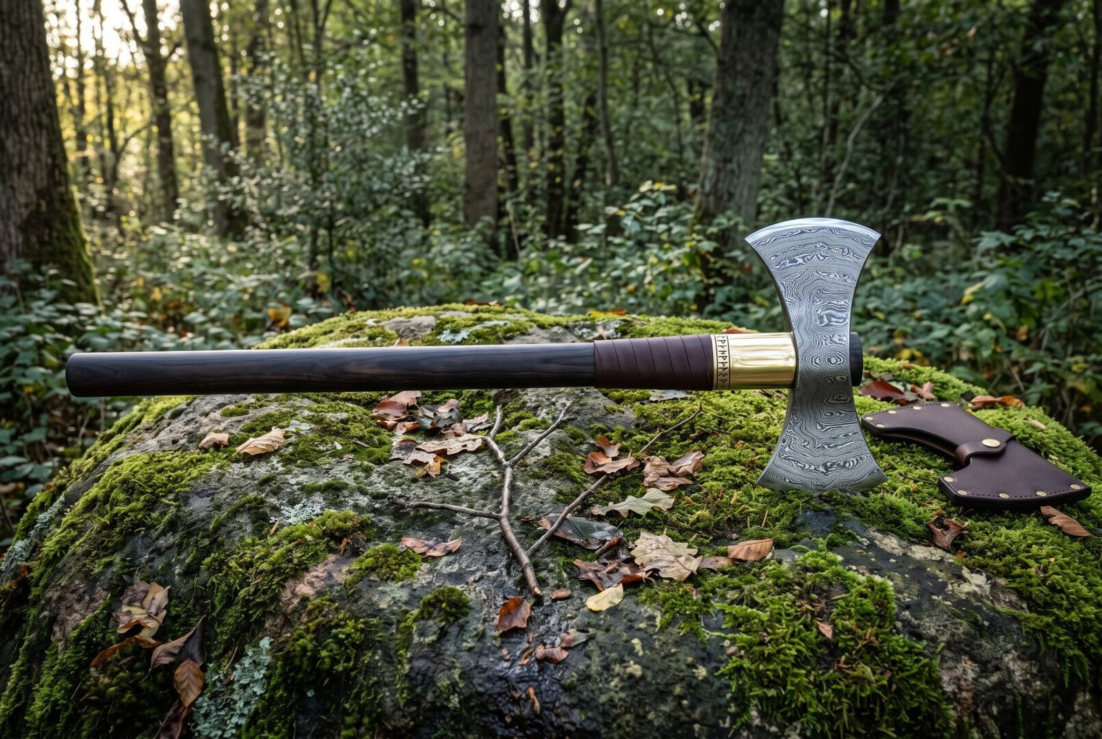 Gemini_Generated_Image_kdyufmkdyufmkdyu Hand forged double bit axe in 1095 steel with an etched knotwork head, brass collar and long dark hardwood haft, resting on a mossy boulder in woodland