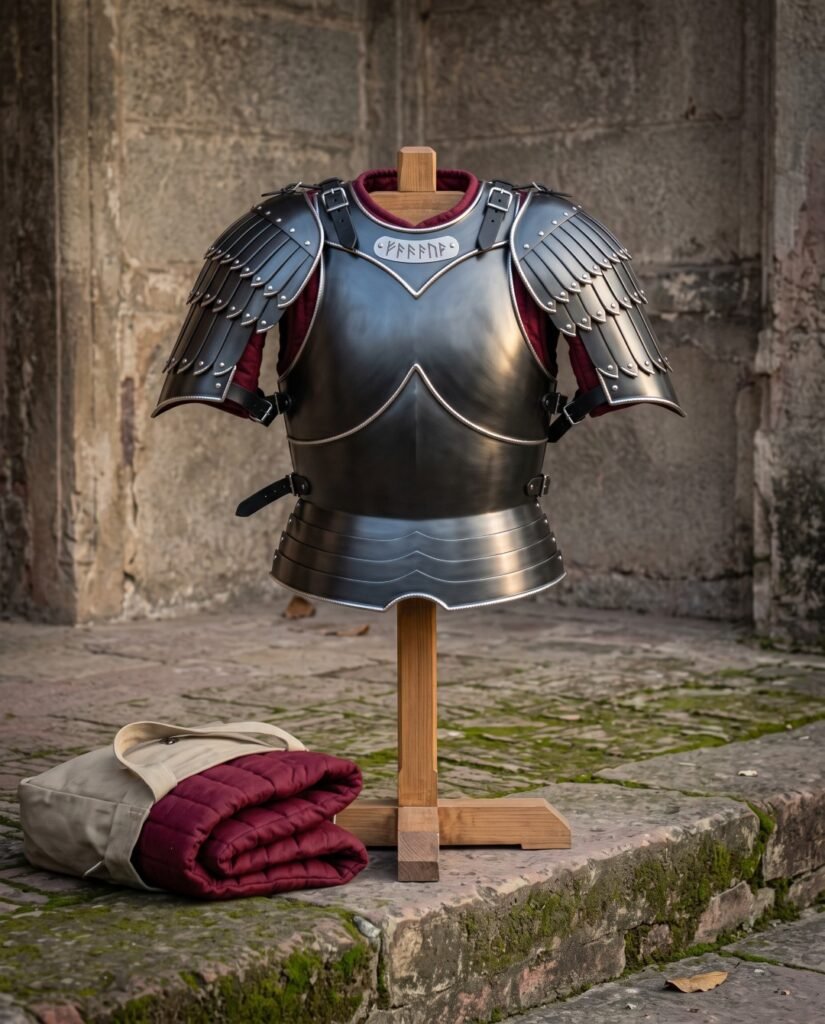 Hand forged blackened plate armor cuirass in 18 gauge mild steel with articulated pauldrons, burgundy wool lining and a chased rune plaque on a wooden stand in a stone courtyard