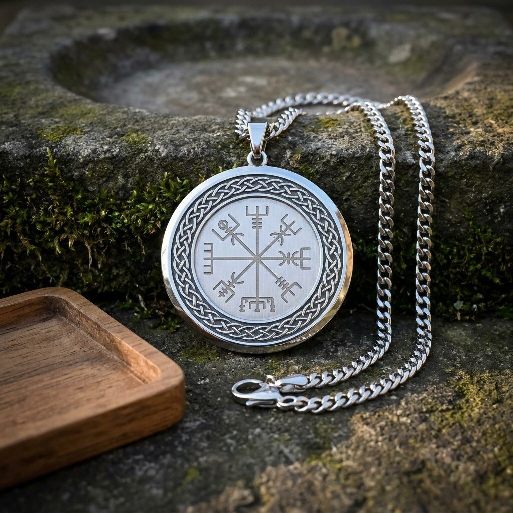Gemini_Generated_Image_l3or32l3or32l3or Hand made Vegvisir pendant with the eight spoked runic compass engraved inside a Celtic knotwork border, hanging from a curb chain on mossy stone.