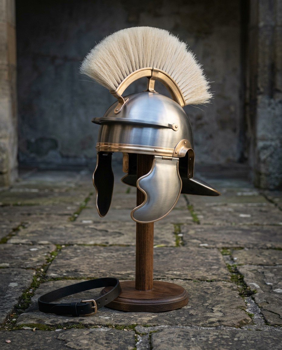 Gemini_Generated_Image_lmd7u9lmd7u9lmd7 Imperial Gallic roman helmet in steel and brass with a cream horsehair centurion crest and hinged cheek guards, displayed on a stand in a stone courtyard