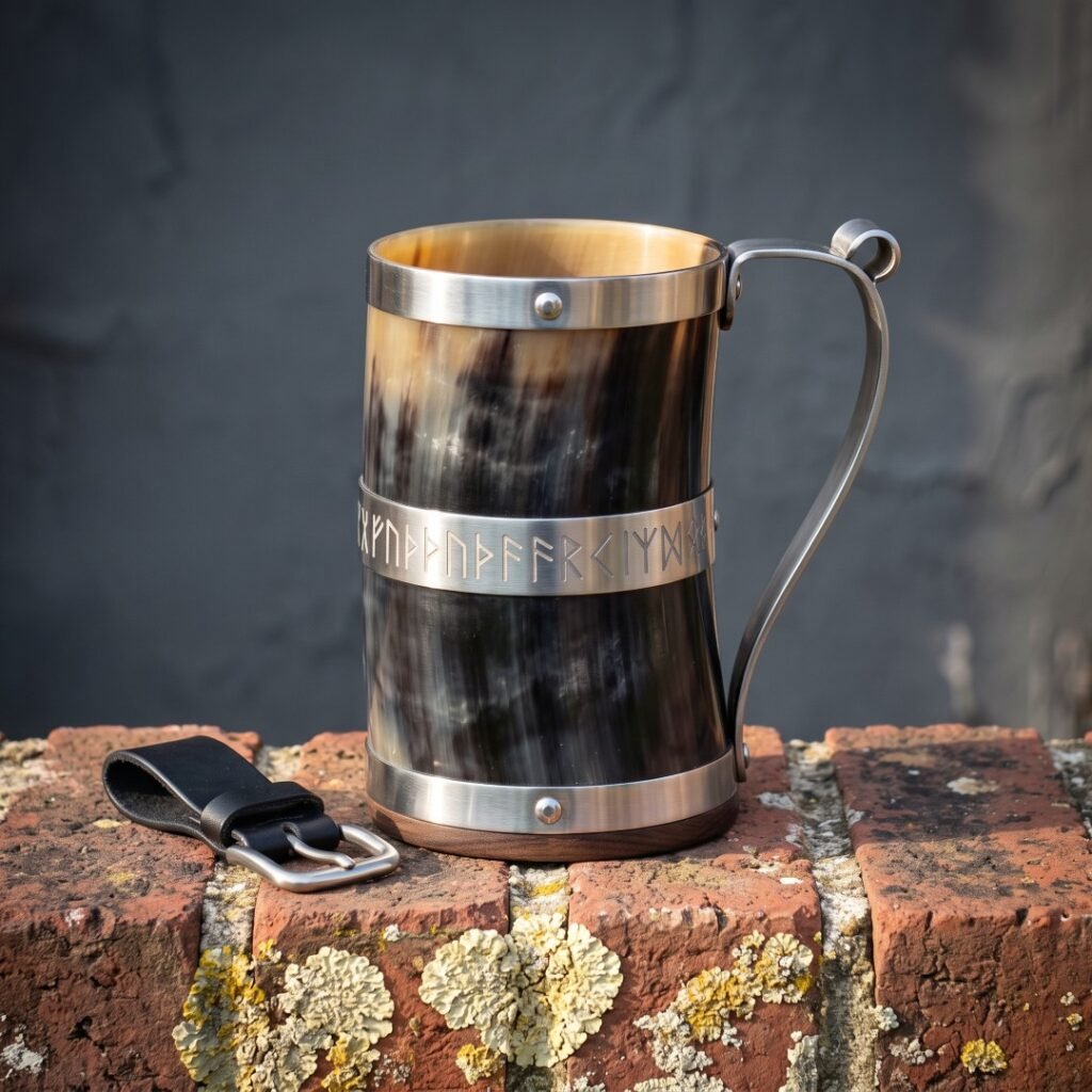 Hand made Viking horn mug with a natural ox horn body, stainless bands, engraved rune band and hardwood base on a brick ledge beside a leather belt hanger