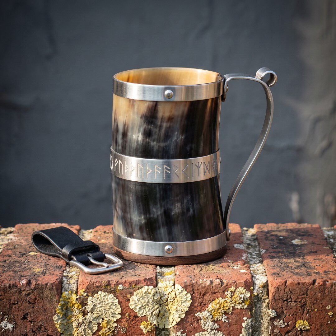 Gemini_Generated_Image_m1upw0m1upw0m1up Hand made Viking horn mug with a natural ox horn body, stainless bands, engraved rune band and hardwood base on a brick ledge beside a leather belt hanger