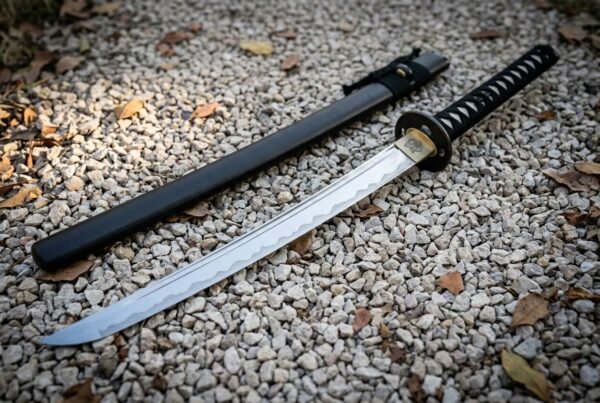 Hand forged wakizashi sword with a visible clay hardened hamon and engraved brass habaki lying on pale gravel beside its lacquered black saya among autumn leaves