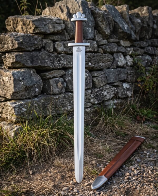 Bindoath Hand Forged Viking Sword with an Etched Valknut Ricasso | 36 Inch Overall | 1095 High Carbon Steel and Brown Leather Scabbard | Norse Collector Gift | RK-1660