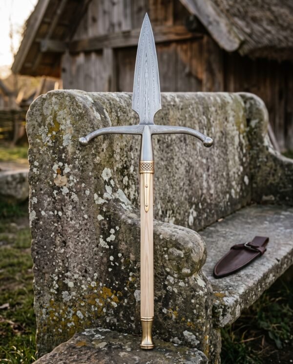 Boarcleft Hand Forged Damascus Winged Boar Spear with Ash Haft | Swept Crossbar and Brass Knotwork Ferrule | Leather Blade Cover Included | Norse Hunting Gift | RK-1612