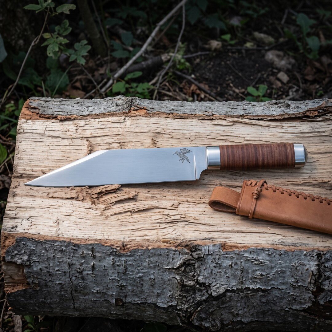 Gemini_Generated_Image_n5rawdn5rawdn5ra Hand forged viking seax with a broken back blade, etched raven and stacked leather handle lying on a split log beside its hand stitched tan leather sheath