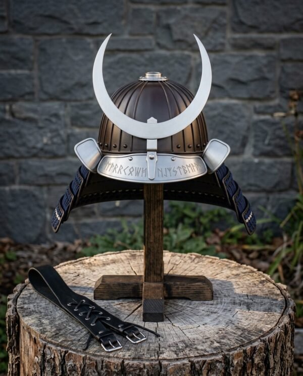 Hand forged kabuto helmet with a ribbed bronze bowl, polished steel crescent crest and rune cut brow band on a wooden stand before a slate wall.