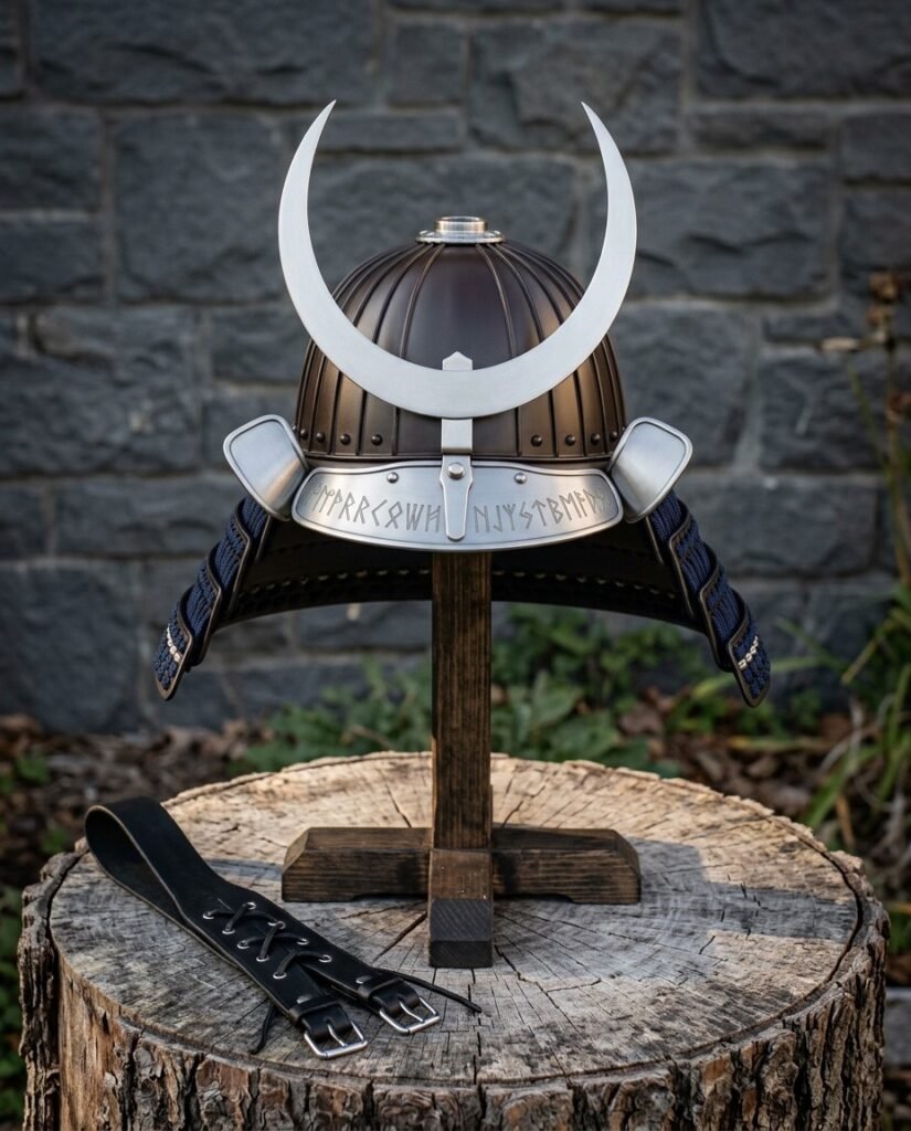 Hand forged kabuto helmet with a ribbed bronze bowl, polished steel crescent crest and rune cut brow band on a wooden stand before a slate wall.