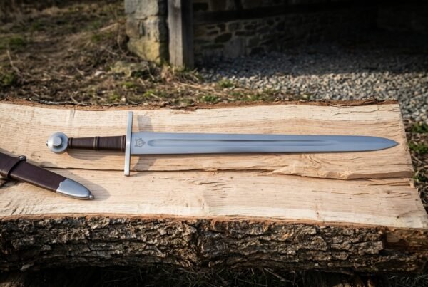 Oathmark Hand Forged Medieval Arming Sword | 37 Inch Overall | Wheel Pommel and Fullered Blade with a Brown Leather Grip and Scabbard | Knightly Collector Gift | RK-1661
