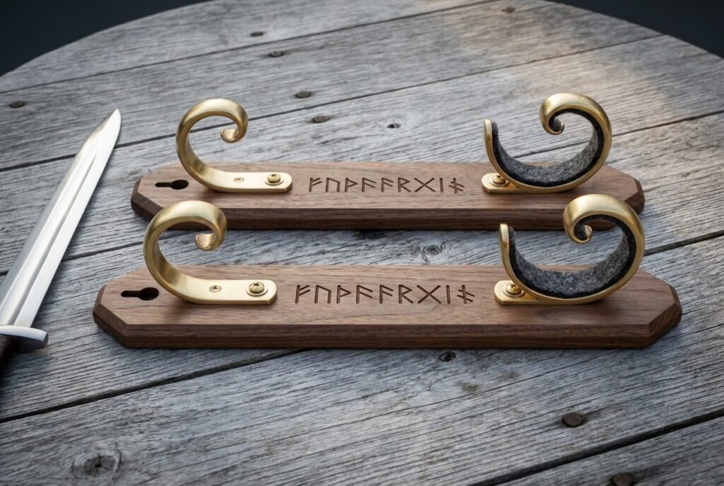 Pair of hand made walnut sword wall mount brackets with solid brass scroll hooks, felt lined cradles and Elder Futhark runes engraved into the wood on grey boards