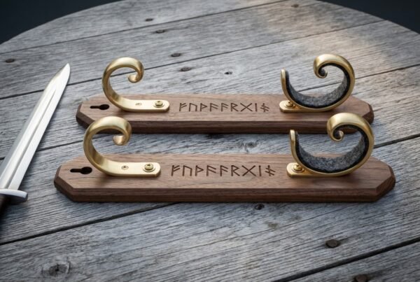 Pair of hand made walnut sword wall mount brackets with solid brass scroll hooks, felt lined cradles and Elder Futhark runes engraved into the wood on grey boards